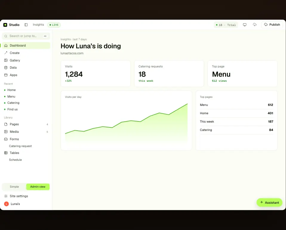 Insights: visits, requests and top pages.